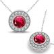 Ruby Halo Round Gem Birth Stone Pendant Necklace 14K Gold 18