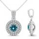 Blue Real Diamond Double Halo Necklace Pendant Chain 14K Gold