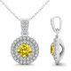 Yellow Real Diamond Double Halo Necklace Pendant Chain 14K Gold