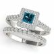 0.75 Carat Blue Diamond Princess Square Channel Halo Engagement Ring Band 14K Gold