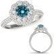 1.5 Carat Blue Real Diamond Flower Double Halo Design Ring Etoil Band 14K Gold