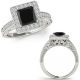 1 Carat Black Real Square-Princess Diamond Chevron Filigree Halo Ring 14K Gold