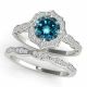 Blue Diamond Round Scalloped Halo Engagement Ring 14K Gold