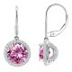 Pink Topaz Round CZ Lever Back Halo Dangling 14K Gold Earrings