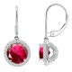Ruby Round CZ Lever Back Halo Dangling 14K Gold Earrings
